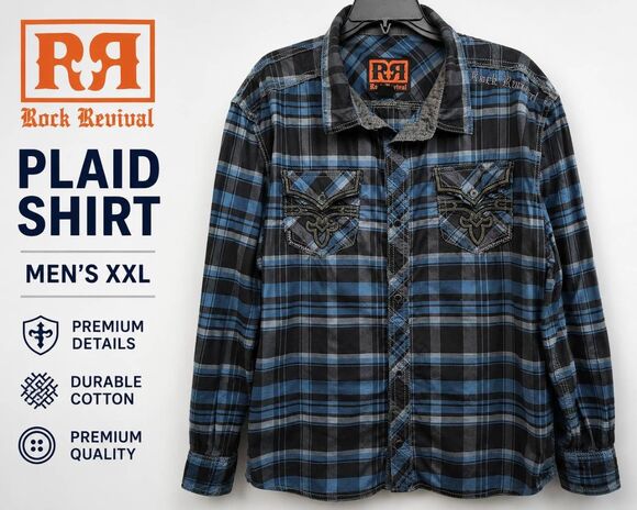 Rock Revival Other - Rock Revival Plaid Button Up Shirt Men's XXL Blue Gray Embroidered Cotton